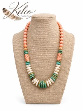 Carved Angel-skin Coral & Turquoise Pearl Necklace